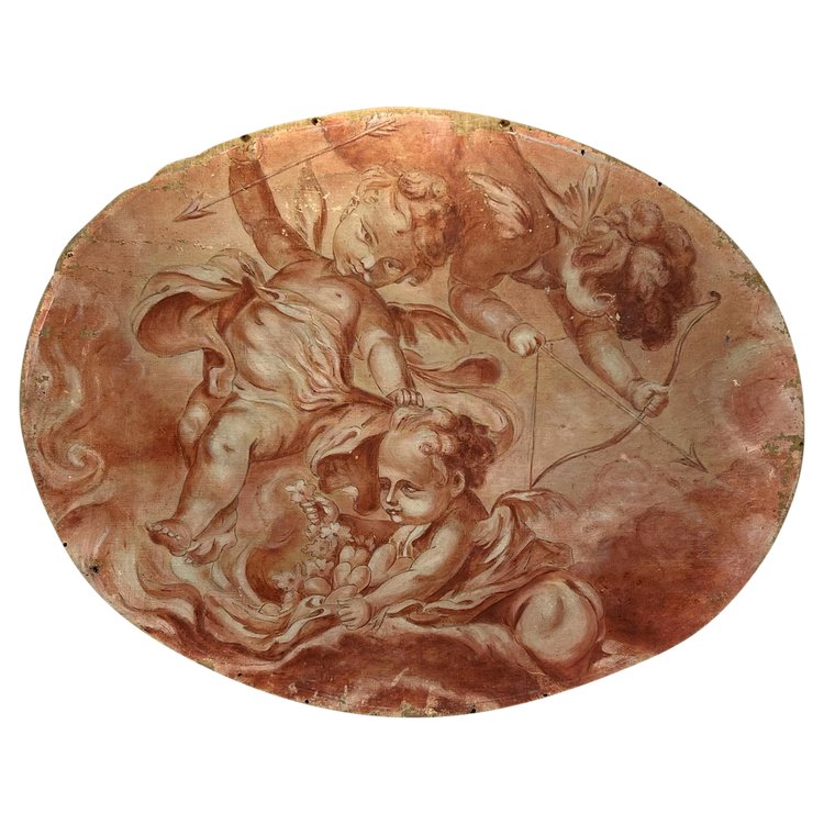 OIL ON CANVAS OVAL WOOD PANELING CHERUBS PLAYING WITH A BOW