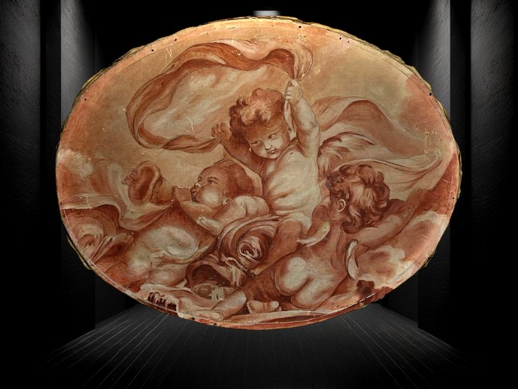 OLIO SU TELA OVALE DECORATO CON PUTTI CHE GIOCANO CON UNA SCIARPA