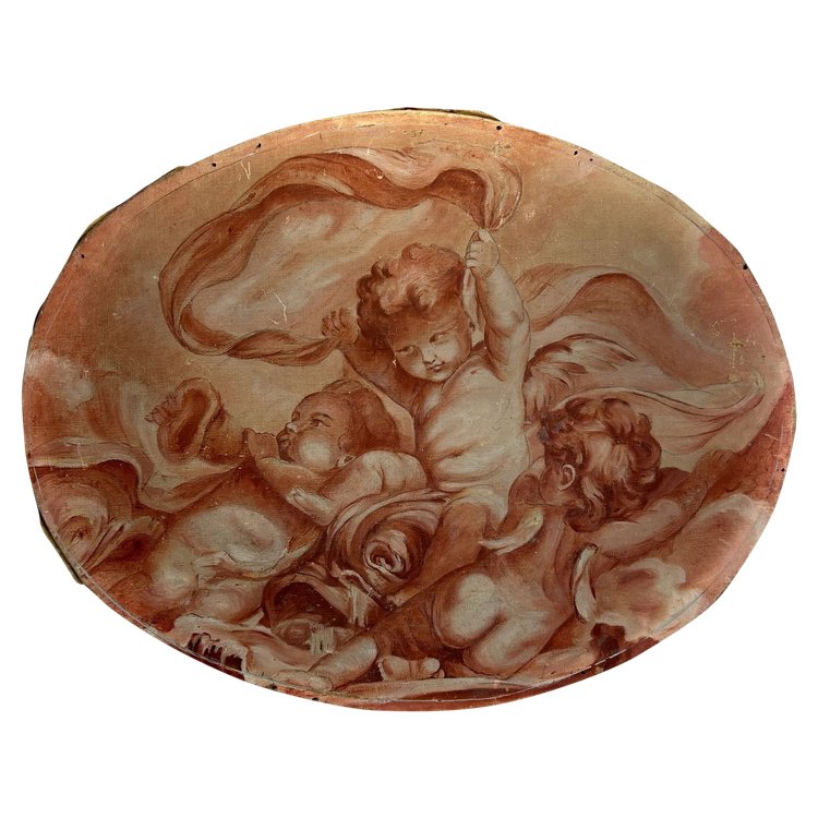 OLIO SU TELA OVALE DECORATO CON PUTTI CHE GIOCANO CON UNA SCIARPA