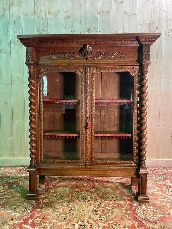 Bibliothèque - Vitrine style Renaissance en chêne massif 