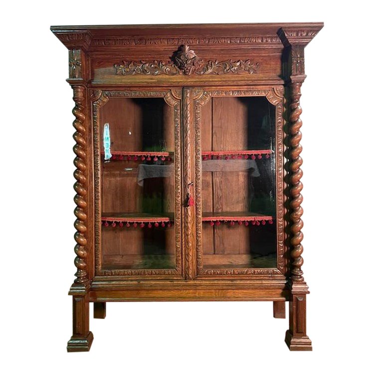 Bibliothèque - Vitrine style Renaissance en chêne massif 