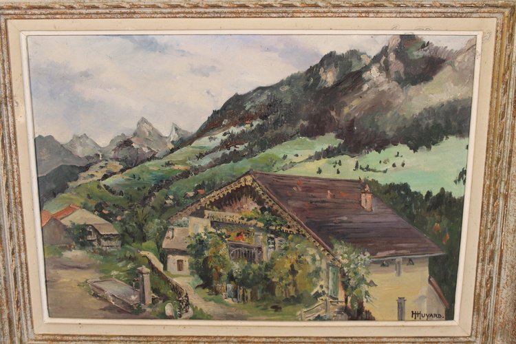 Paesaggio di Vailly presso Thonon-les-Bains Olio su tela del XX secolo firmato Henri Huyard