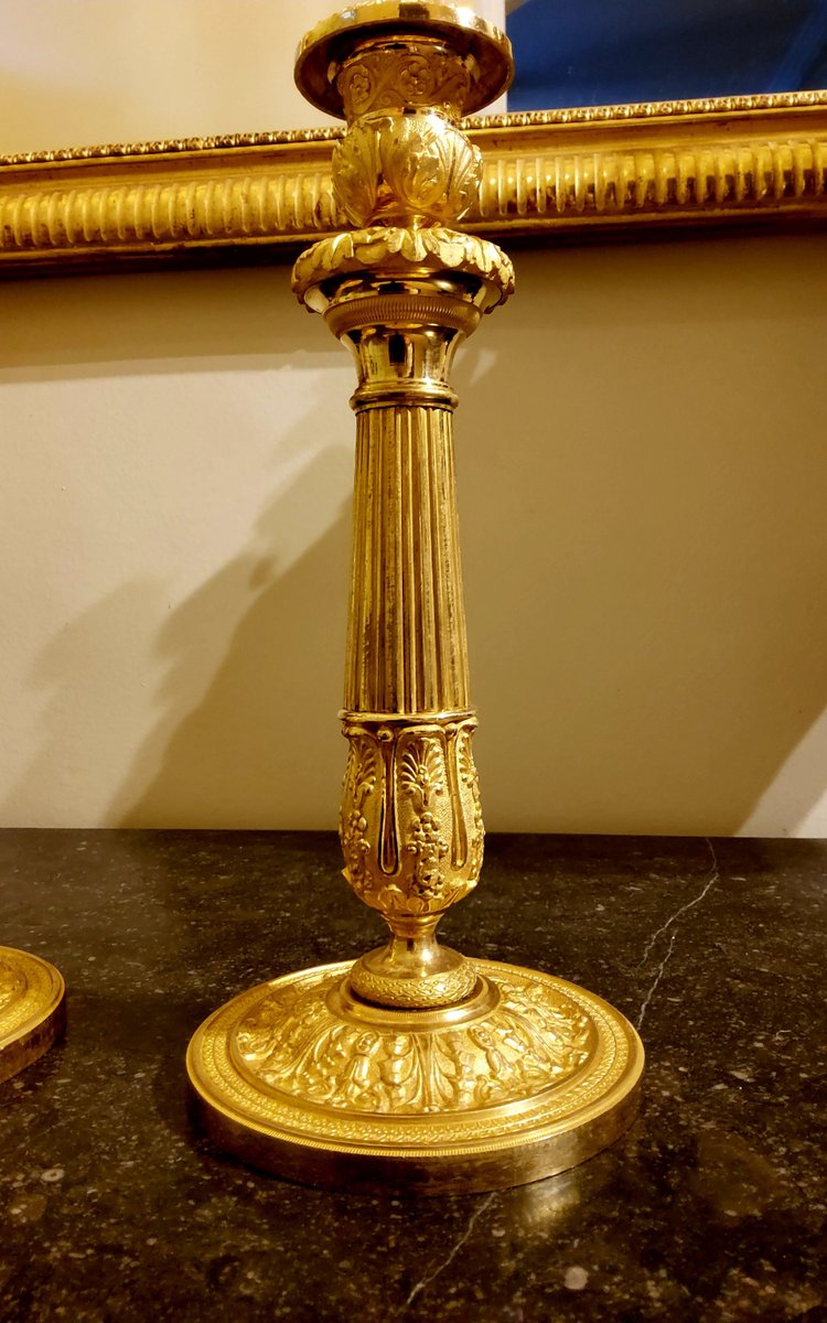 Pair of chased and gilded bronze Flambeaux 19th century circa 1820