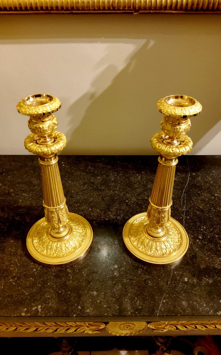Pair of chased and gilded bronze Flambeaux 19th century circa 1820
