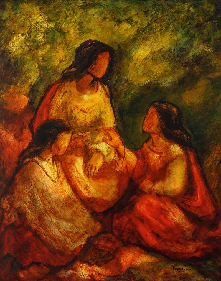 Mario Vargas (1928-2017) - Le ragazze del villaggio olio su tavola 1973 circa