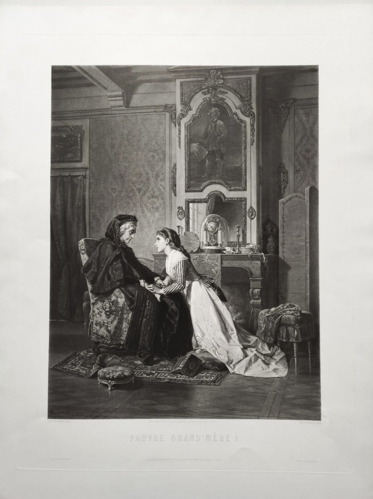 Genre Scene Engraving Etching After Compte-calix Great Mother Old Print 19th Century