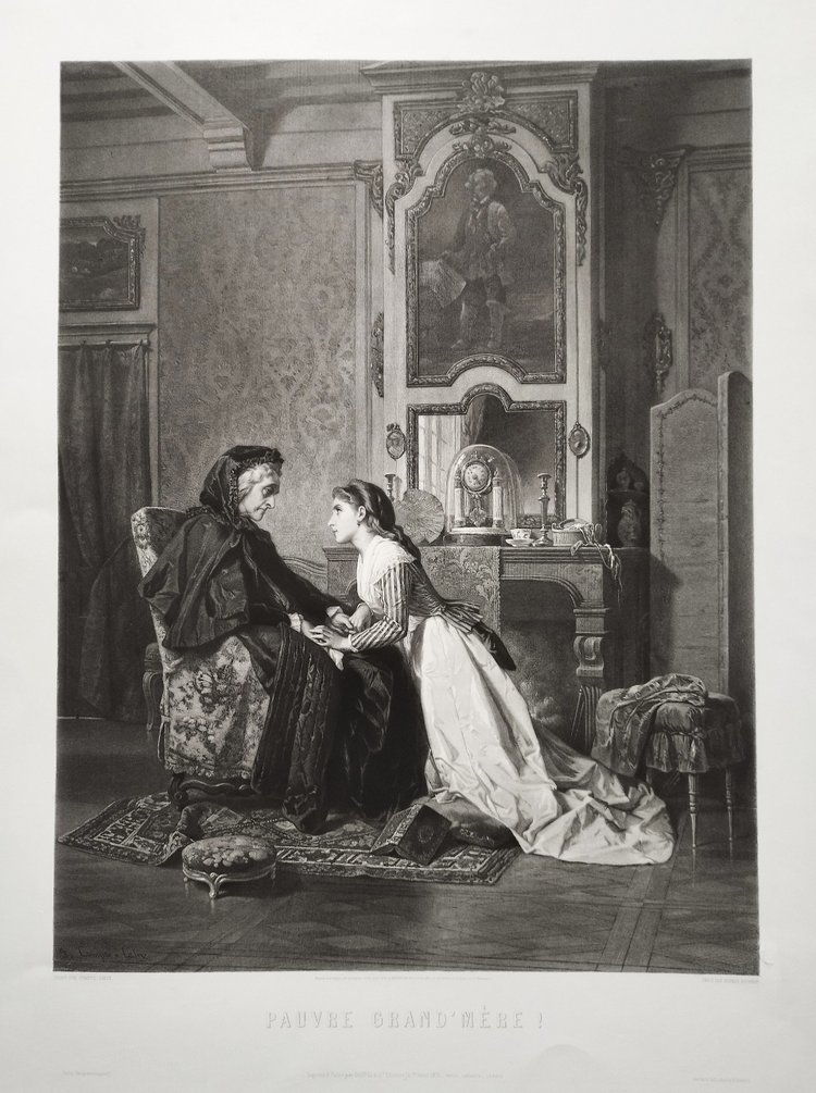 Genre Scene Engraving Etching After Compte-calix Great Mother Old Print 19th Century