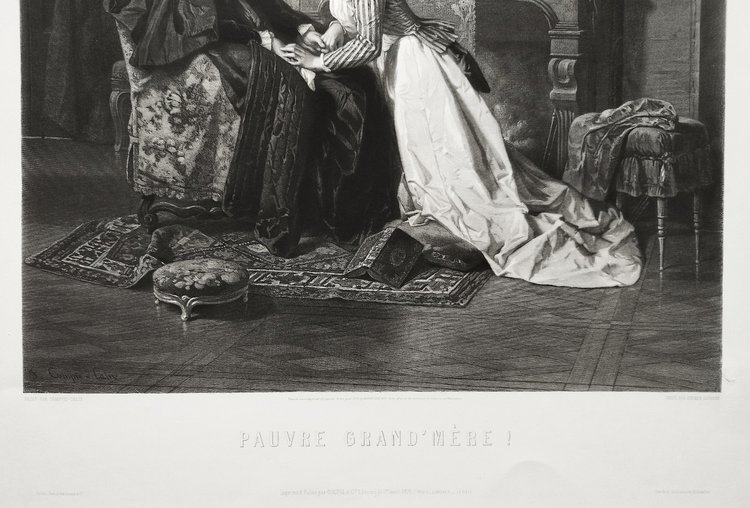 Genre Scene Engraving Etching After Compte-calix Great Mother Old Print 19th Century