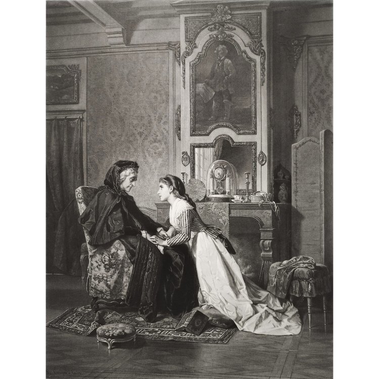 Genre Scene Engraving Etching After Compte-calix Great Mother Old Print 19th Century