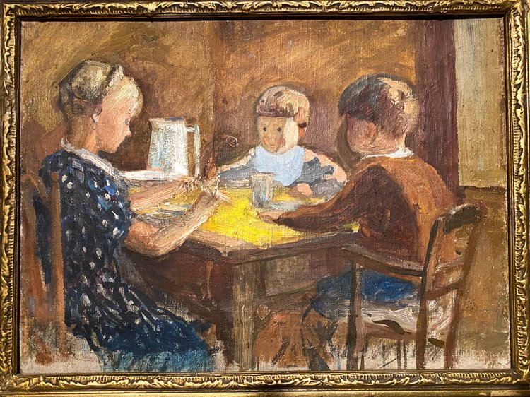 Jeanne Champillou. Das Mittagessen der Kinder. Öl auf gerahmter Leinwand. Anfang des 20. Jahrhunderts.
