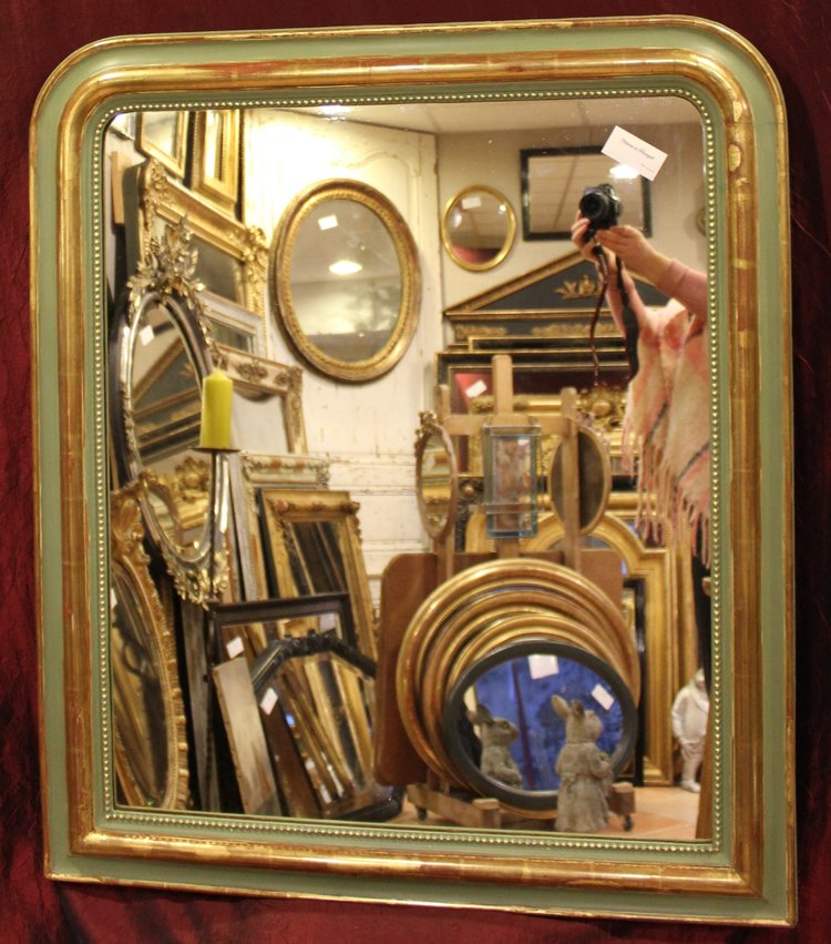 95 X 110cm Miroir De Cheminée Ancien Louis Philippe Perlé Feuille d'Or Et Patine