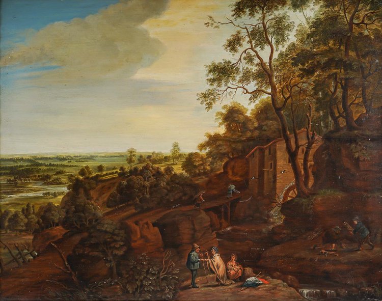 Scuola francese circa 1700 olio su tavola Vivace scena di vita contadina
