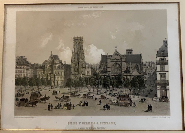 Große alte Lithographie aus der Zeit Napoleons III., Kirche St. Germain l'Auxerrois