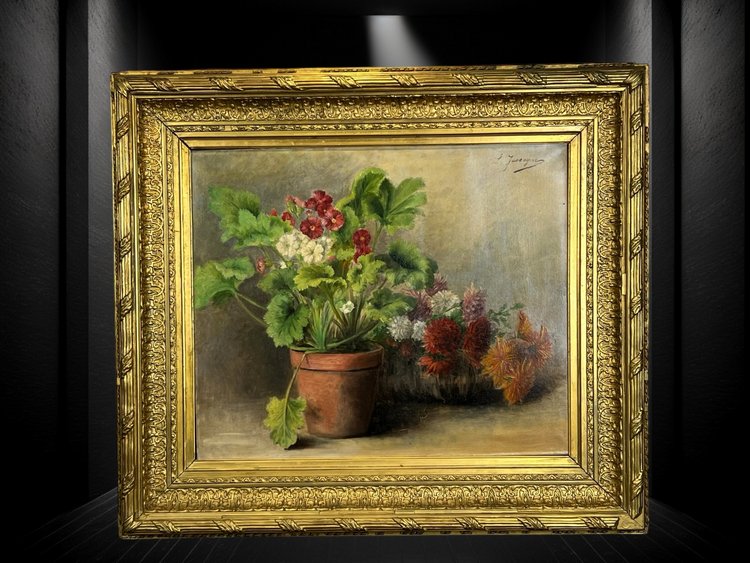 HUILE SUR TOILE SIGNÉE " LOUISE JASSOGNE " NATURE MORTE PRIMEVÈRES et DAHLIAS