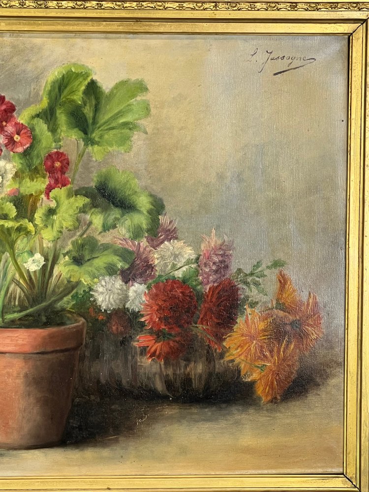 HUILE SUR TOILE SIGNÉE " LOUISE JASSOGNE " NATURE MORTE PRIMEVÈRES et DAHLIAS