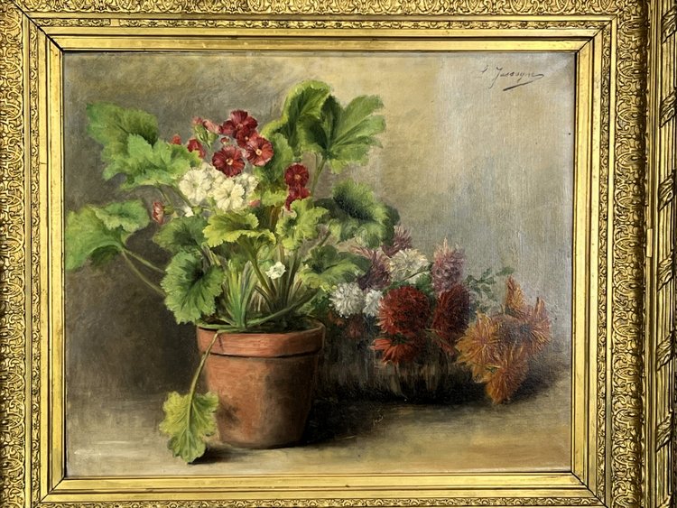 HUILE SUR TOILE SIGNÉE " LOUISE JASSOGNE " NATURE MORTE PRIMEVÈRES et DAHLIAS