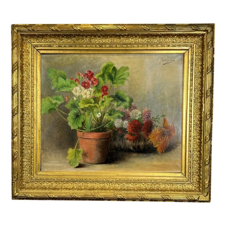 HUILE SUR TOILE SIGNÉE " LOUISE JASSOGNE " NATURE MORTE PRIMEVÈRES et DAHLIAS