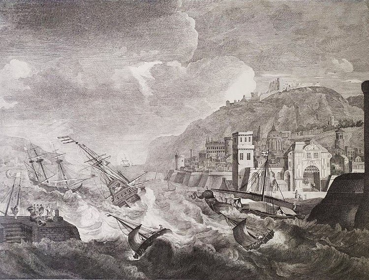  Älterer Stich Marine Hafen Im Mittelmeer nach Ludolf Bakhuizen 18.