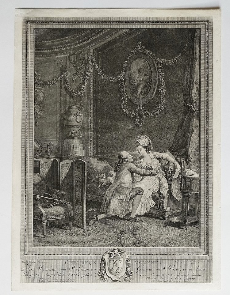 L'Heureux Moment Incisione antica di De Launay dopo Lavreince XVIII secolo
