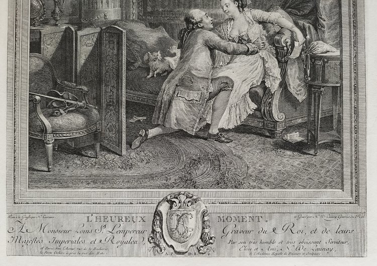 L'Heureux Moment Incisione antica di De Launay dopo Lavreince XVIII secolo