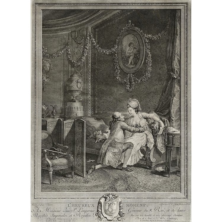 L'Heureux Moment Incisione antica di De Launay dopo Lavreince XVIII secolo
