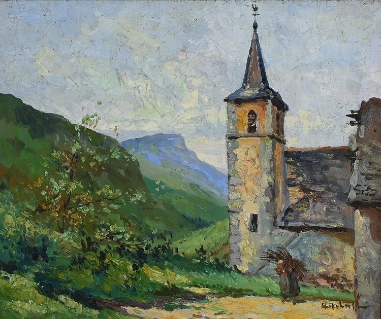 Oil on canvas "Le Clocher" - Late 19th century