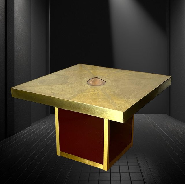 TABLE BASSE VINTAGE SIGNÉ PACO RABANE DES ANNÉES 70 EN LAITON GRAVÉ ET AGATE