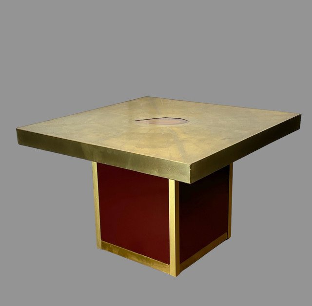 TABLE BASSE VINTAGE SIGNÉ PACO RABANE DES ANNÉES 70 EN LAITON GRAVÉ ET AGATE