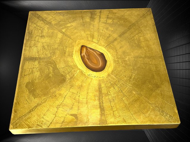TABLE BASSE VINTAGE SIGNÉ PACO RABANE DES ANNÉES 70 EN LAITON GRAVÉ ET AGATE