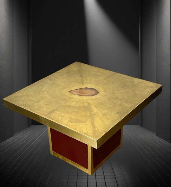 TABLE BASSE VINTAGE SIGNÉ PACO RABANE DES ANNÉES 70 EN LAITON GRAVÉ ET AGATE