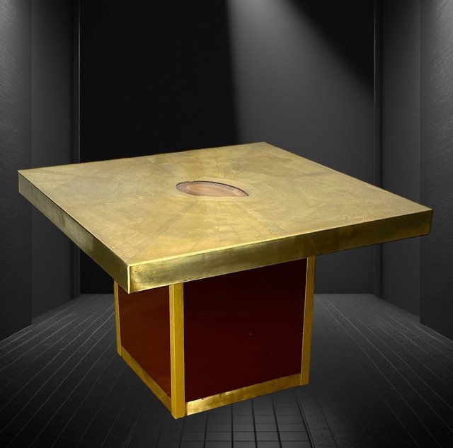 TABLE BASSE VINTAGE SIGNÉ PACO RABANE DES ANNÉES 70 EN LAITON GRAVÉ ET AGATE