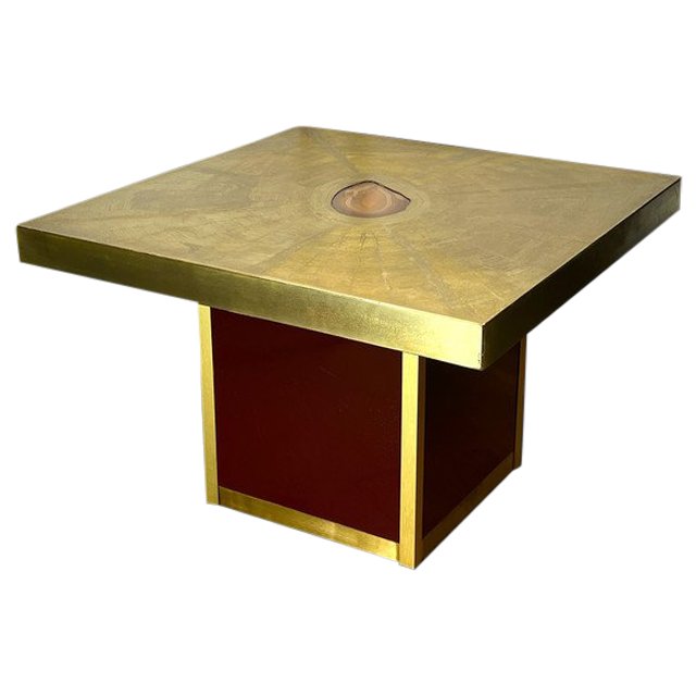 TABLE BASSE VINTAGE SIGNÉ PACO RABANE DES ANNÉES 70 EN LAITON GRAVÉ ET AGATE