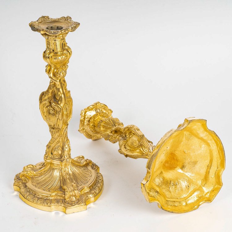 After Juste-Aurèle Meissonnier Pair of Louis XV style chiseled gilt bronze candlesticks Circa 1880
