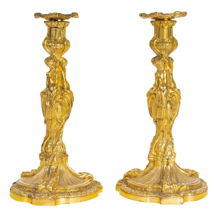 After Juste-Aurèle Meissonnier Pair of Louis XV style chiseled gilt bronze candlesticks Circa 1880