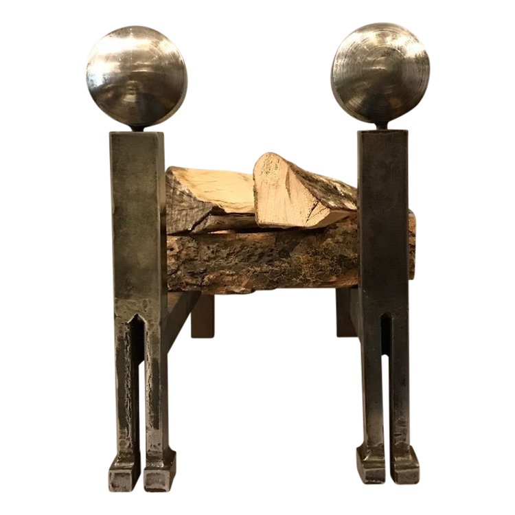 Modernist andirons in polished iron circa 1970