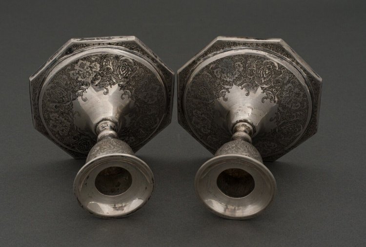 Pair of 19th-century Persian silver candlesticks, engraved with bird designs hallmark 84