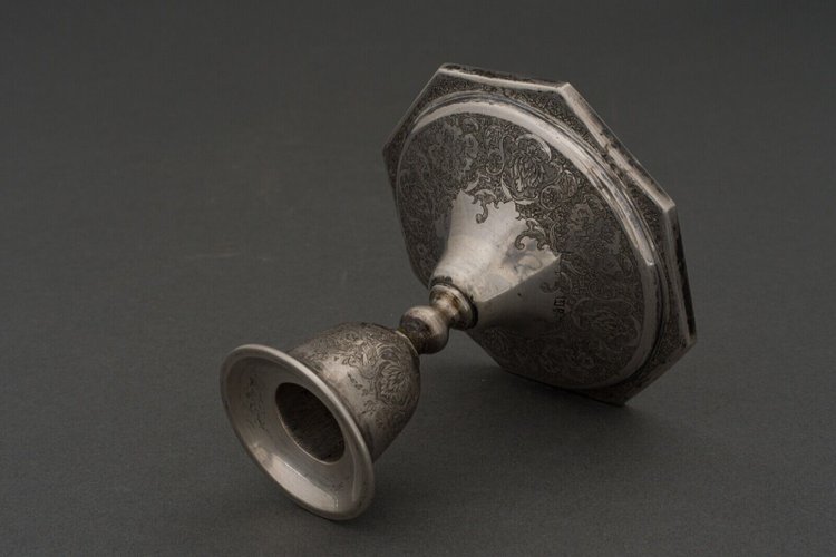 Pair of 19th-century Persian silver candlesticks, engraved with bird designs hallmark 84