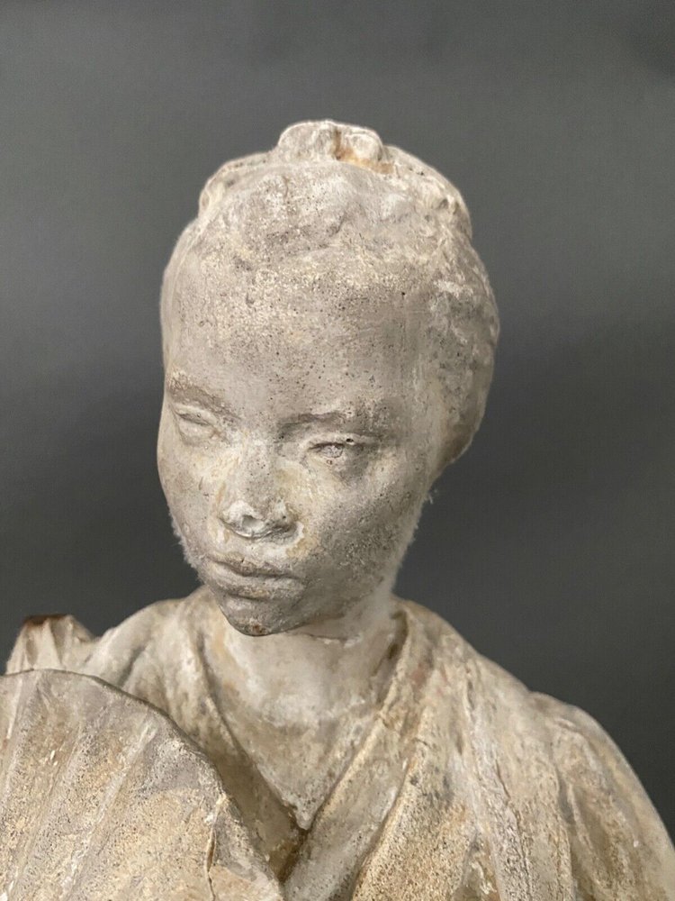 Statue d'atelier en plâtre par Charles Filleul femme à l'éventail XXe