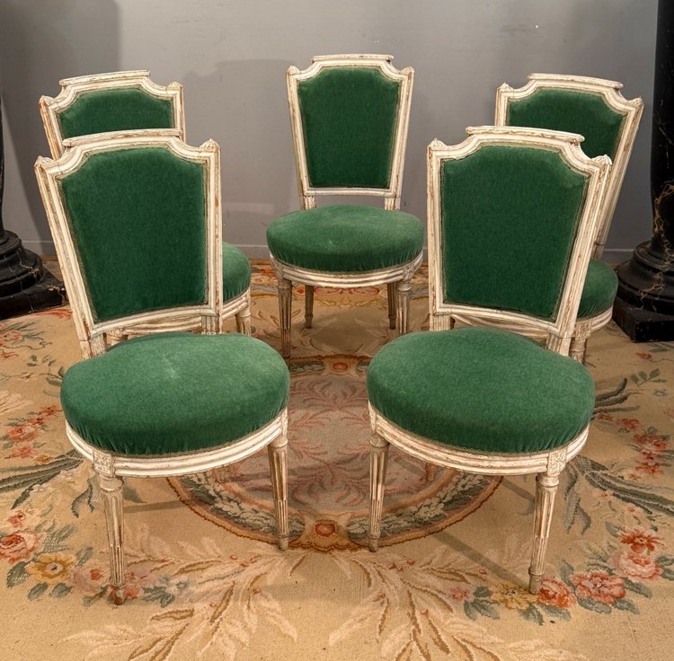 Paul François Jean, Suite De Cinq Chaises En Bois Laque Estampillée d'Epoque Louis XVI 