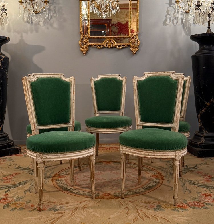 Paul François Jean, Suite De Cinq Chaises En Bois Laque Estampillée d'Epoque Louis XVI 
