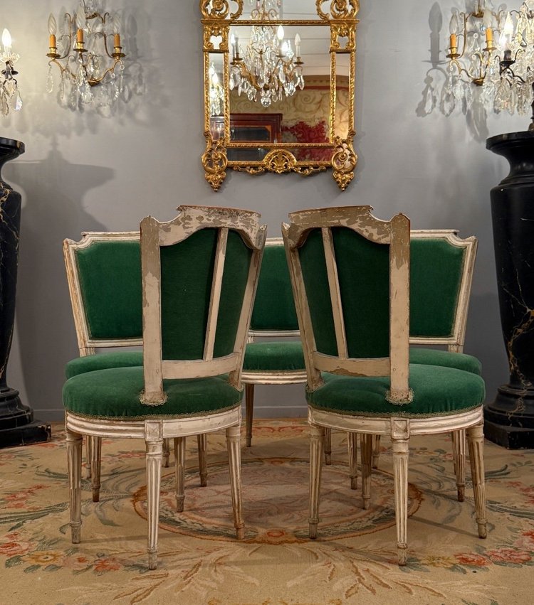 Paul François Jean, Suite De Cinq Chaises En Bois Laque Estampillée d'Epoque Louis XVI 