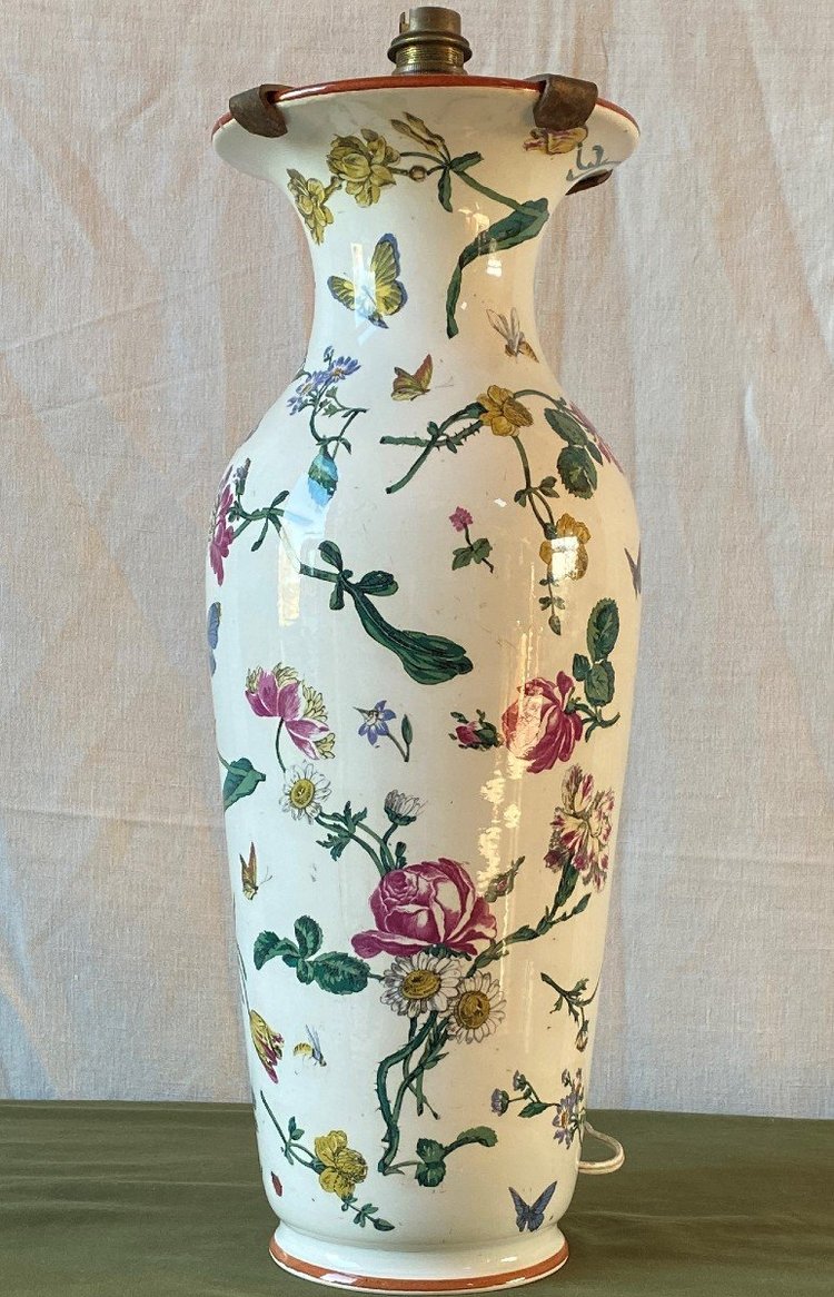 Vase mounted as a lamp decorated with flowers and insects 19th C
