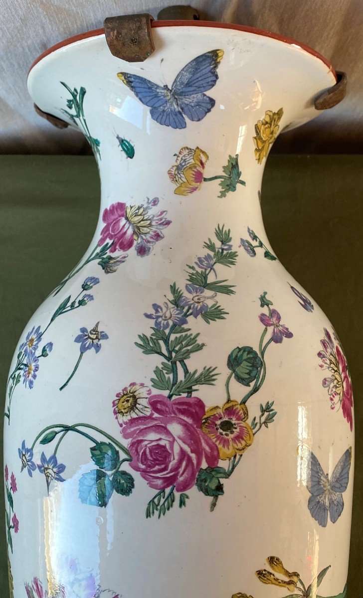 Vase mounted as a lamp decorated with flowers and insects 19th C