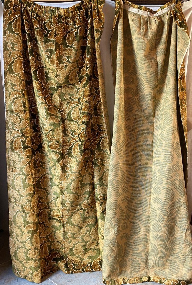 Pair Of Velvet Curtains Decorated With Flowers And Foliage 20th C