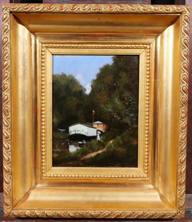 Eugène d'Argence 1853-1914 Un après-midi au bord de l'eau, paysage impressioniste, tableau