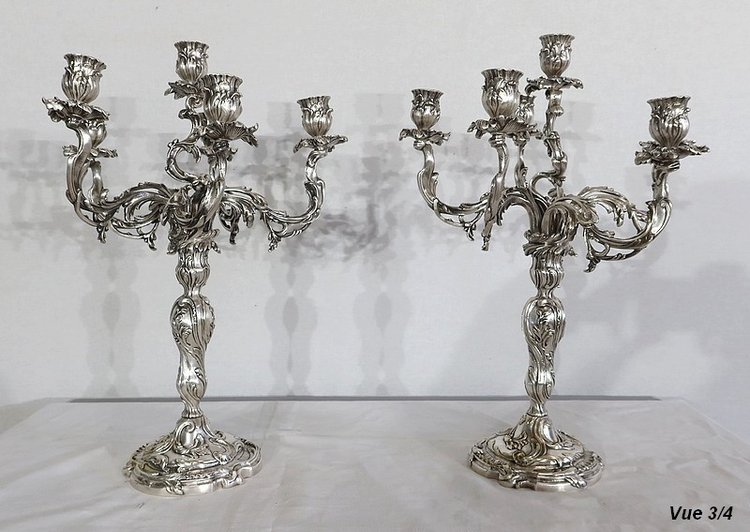 Paire de Candélabres en Bronze Argenté, style Louis XV – XIXe