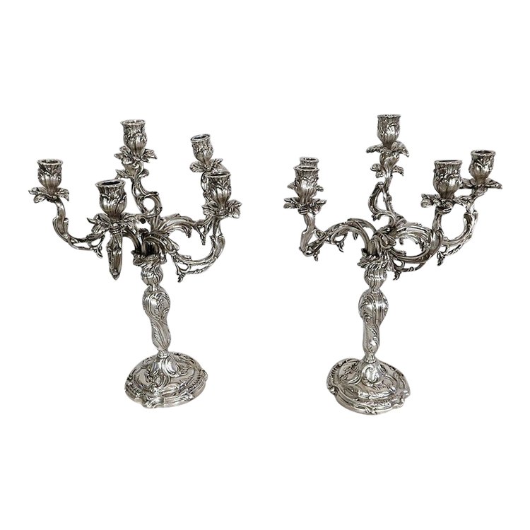 Paire de Candélabres en Bronze Argenté, style Louis XV – XIXe