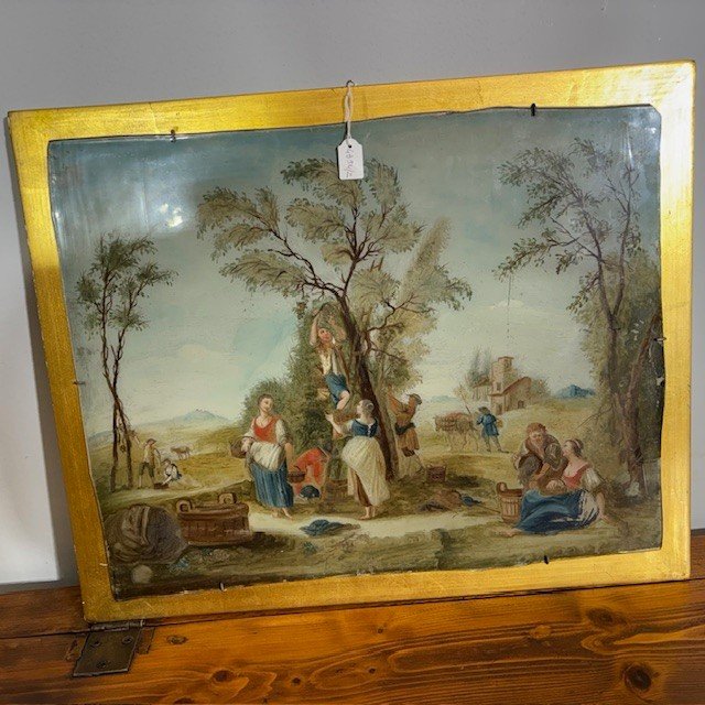 Antica coppia splendidi dipinti su vetro epoca XVIII sec . scuola veneta. Scene contadine mis 46 x 3