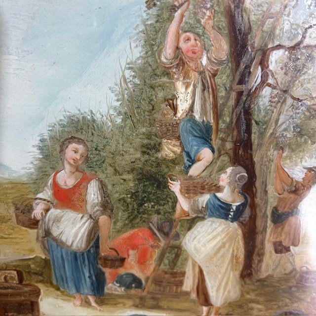 Antica coppia splendidi dipinti su vetro epoca XVIII sec . scuola veneta. Scene contadine mis 46 x 3