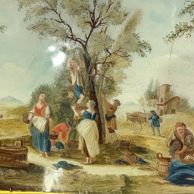 Antica coppia splendidi dipinti su vetro epoca XVIII sec . scuola veneta. Scene contadine mis 46 x 3